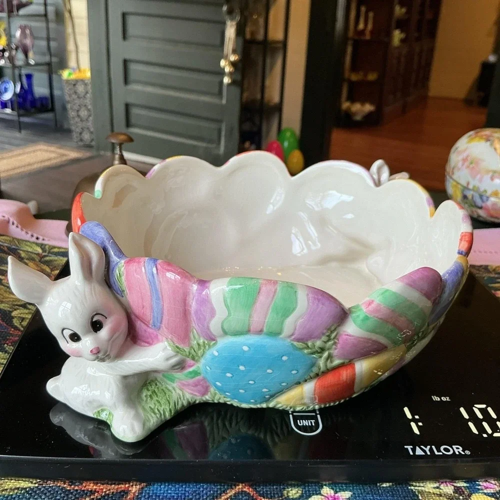 Vintage Fitz And Floyd Gathering‎ Eggs Easter Candy Bowl 2 Bunny Rabbits